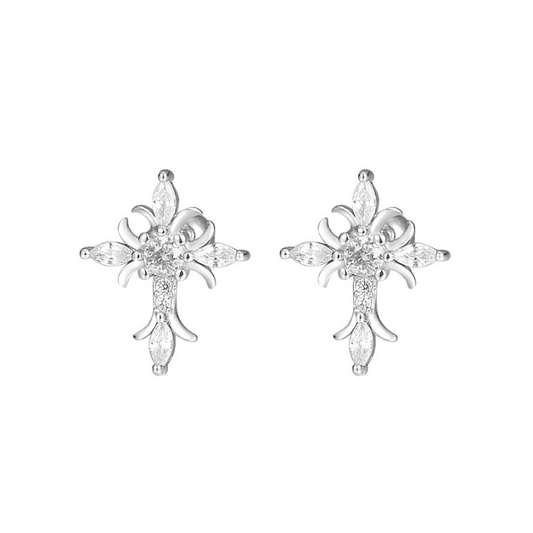 Sterling Silver Floral Cross Bullet Back Earring